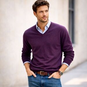 NWT J.Crew Men’s Purple Cotton Cashmere V-Neck Sweater Size L Soft Knit